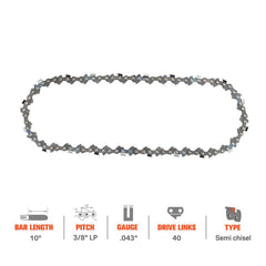 Hipa GA2136B 10 Inch 3/8" LP .043" 40 Bumper DL Chain Compatible with Husqvarna 436 LI T536 LiXP Similar to # 90PX040G R40 - hipaparts