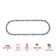 12" 3/8" LP Pitch .050" Gauge 44 DL Semi Chisel Chain For Stihl McCulloch Chainsaw #91PXL044G - Hipa GA2746B - hipaparts