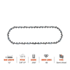 12" 3/8" LP Pitch .050" Gauge 48 DL Semi Chisel Chain For Stihl McCulloch Chainsaw #91PXL048G - Hipa GA2769B - hipaparts