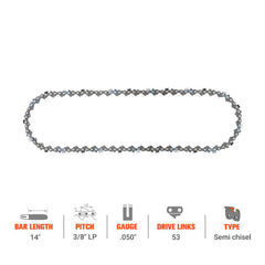 14" 3/8" LP Pitch .050" Gauge 53 DL For #S53 91PXL053G Remington RM1425 RM4214 RM1630A Worx WG300 WG303 WG304 Chainsaw - Hipa GA2767B - hipaparts