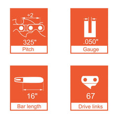 16" .325" Pitch .050" Gauge 67 DL Full Chisel Chain #3690 000 0067 - Hipa GA3036A - hipaparts