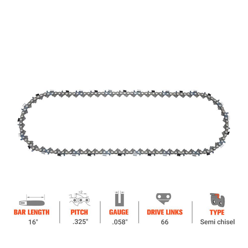 Hipa GA2775B 16" .325 Pitch .058 Gauge 66 DL Standard Chain Compatible with Husqvarna 455 Rancher Chainsaw Similar to CL75866TL2 - hipaparts