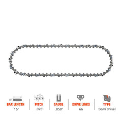 Hipa GA2775B 16" .325 Pitch .058 Gauge 66 DL Standard Chain Compatible with Husqvarna 455 Rancher Chainsaw Similar to CL75866TL2 - hipaparts