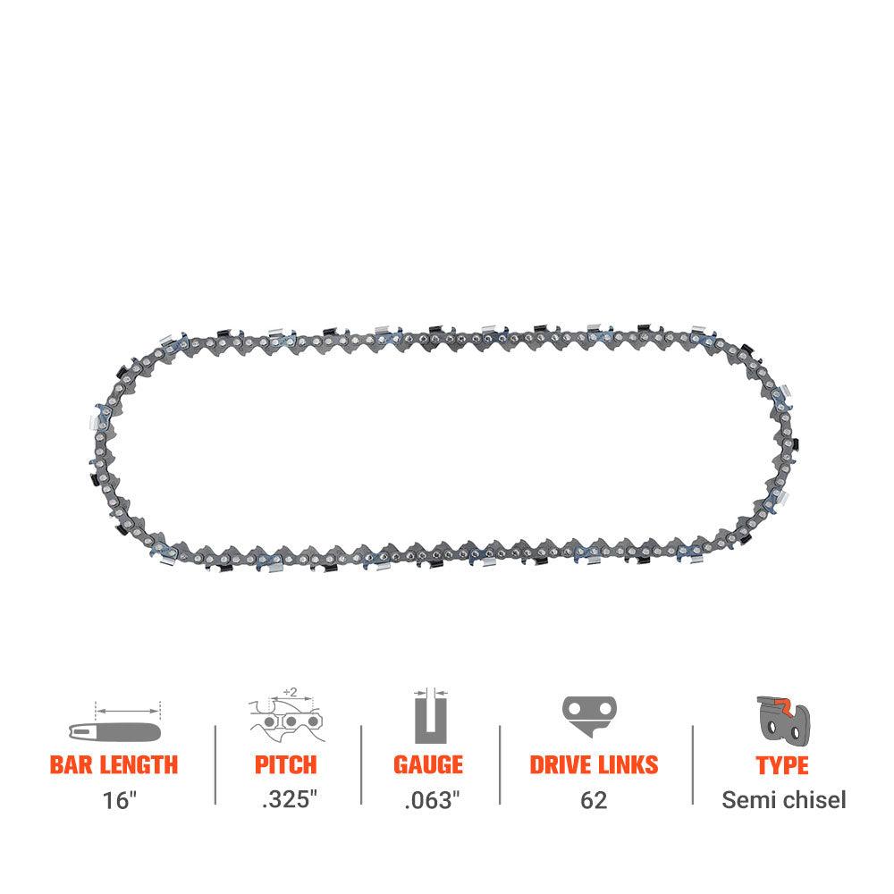 Hipa GA2780B 16" .325 Pitch .063 Gauge 62 DL Standard Chain Compatible with Stihl MS210 MS230 MS250 MS250C MS231 Chainsaw Similar to 3639 005 0062 - hipaparts
