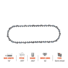 Hipa GA2780B 16" .325 Pitch .063 Gauge 62 DL Standard Chain Compatible with Stihl MS210 MS230 MS250 MS250C MS231 Chainsaw Similar to 3639 005 0062 - hipaparts