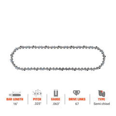 Hipa GA2779B 16" .325" Pitch .063"Gauge 67 DL Standard Chain Compatible with Stihl MS270C MS290 Chainsaw Similar to CL76367NSTL2 - hipaparts