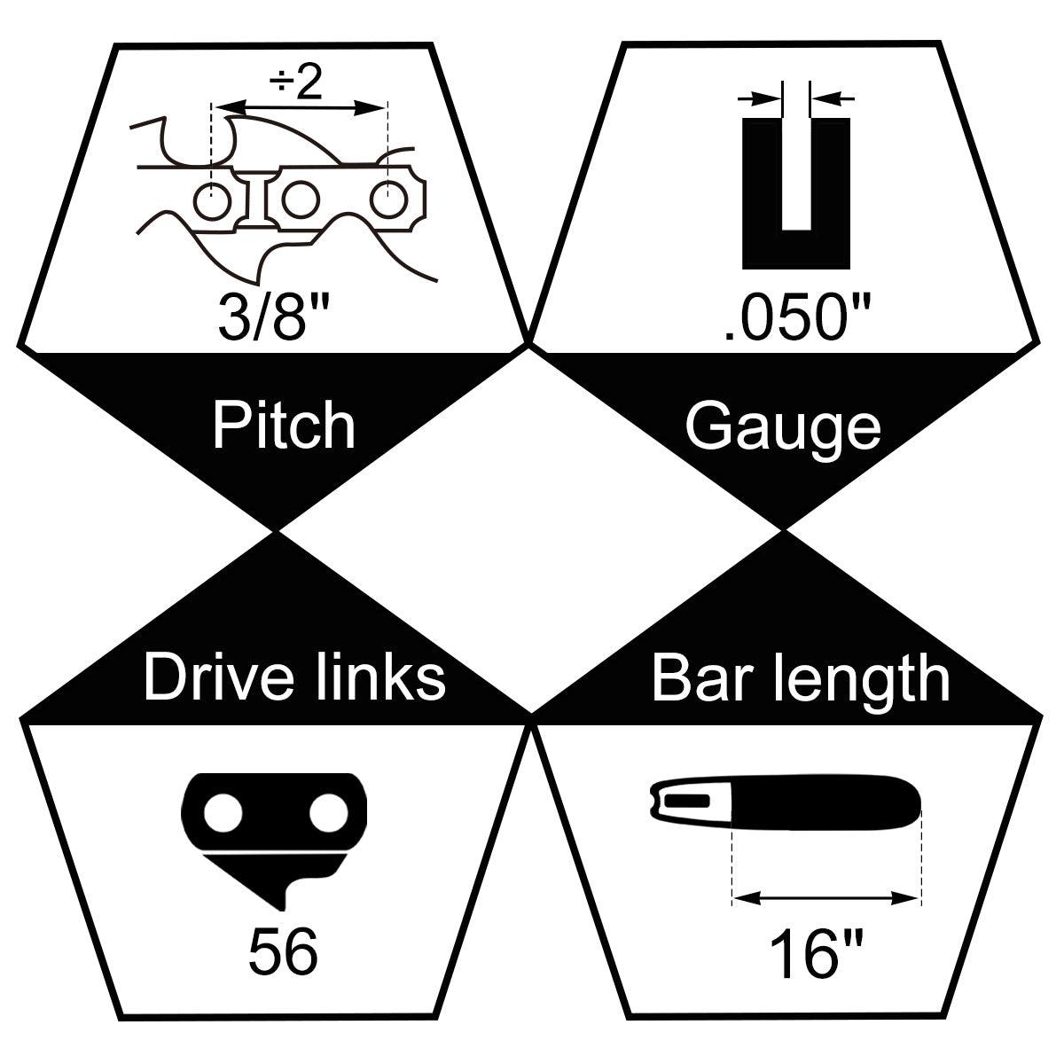 16" 3/8" LP Pitch .050" Gauge 56DL Chainsaw Chain Husqvarna 338XPT Poulan Stihl - Hipa GA2142B - hipaparts
