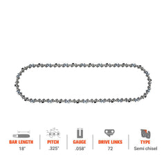 Hipa GA2774B 18".325" Pitch .058" Gauge 72 DL Standard Chain Compatible with Husqvarna 455 445 55 Rancher Chainsaw Similar to H21-72 - hipaparts