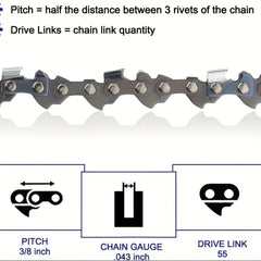 2-Piece 16 Inch Chainsaw Chain - Compatible with Stihl Chainsaw, High-Quality 043 Gauge, 3/8 LP, 55DL, Direct Replacement for 90PX055G - Includes 2 Pieces for Convenience