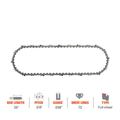 Hipa GA2552B 20 Inch 3/8" .058" 72 DL Full Skip Chain Compatible with Echo Husqvarna 372XP Chainsaw Similar to 581626972 - hipaparts