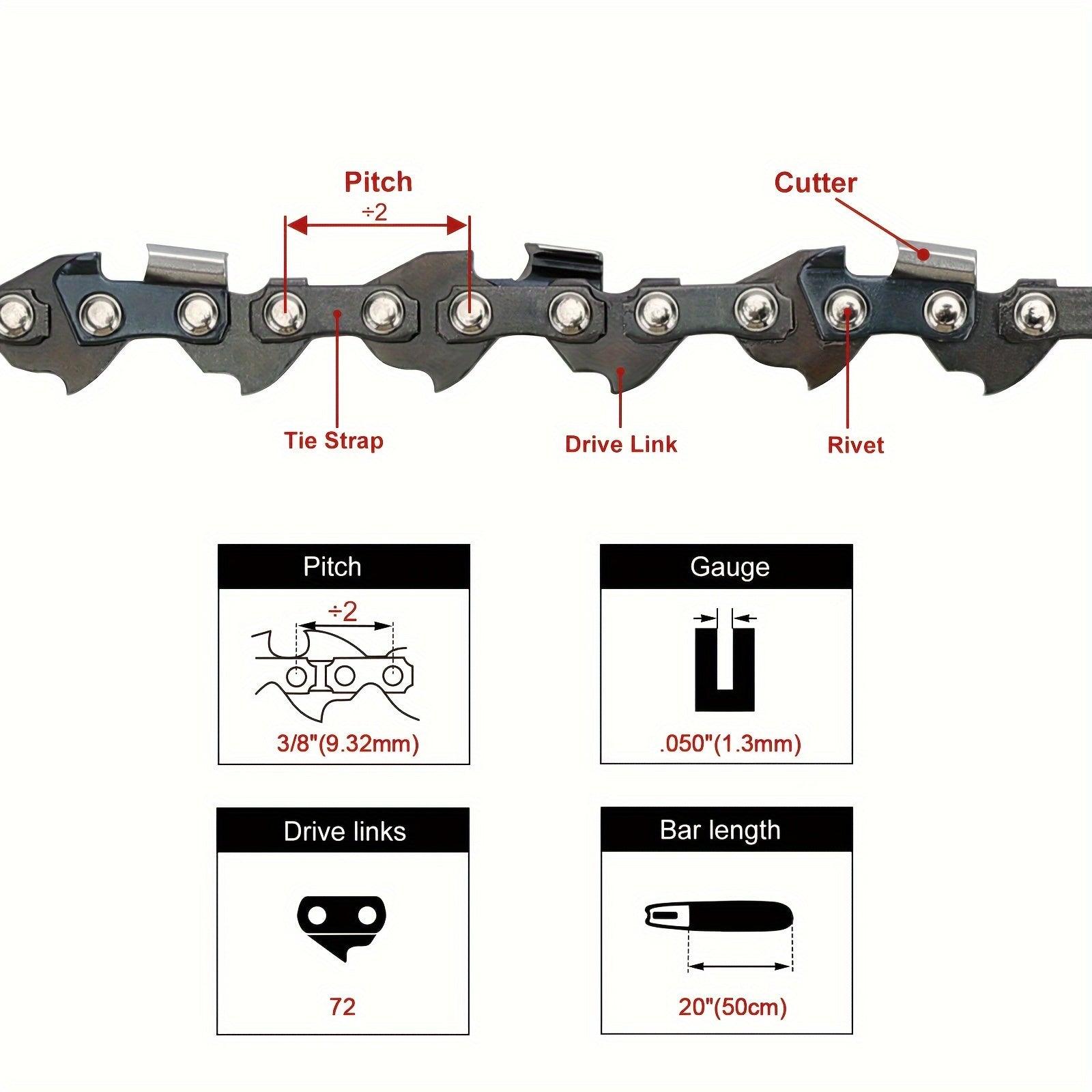 20 Heavy-Duty Chainsaw Chain - Extra-Long Cutting Length, 3/8 Pitch, 050 Gauge, 72 Drive Links - Compatible with Oregon D72 and Stihl 024 Chainsaws - hipaparts