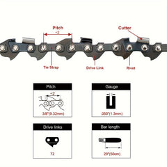 20 Heavy-Duty Chainsaw Chain - Extra-Long Cutting Length, 3/8 Pitch, 050 Gauge, 72 Drive Links - Compatible with Oregon D72 and Stihl 024 Chainsaws - hipaparts