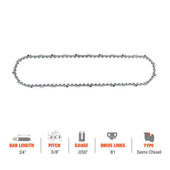 Hipa GA2564B 24" 3/8" Pitch .050" Gauge 81 DL Full Skip Chain Compatible with Craftsman 35721 Chainsaw Similar to 72LPX081G - hipaparts