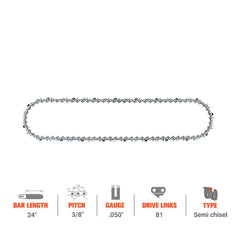 Hipa GA2569B 24 Inch 3/8" .050" 81 DL Ripping Chain Compatible with Jonsered CS2255 Poulan 3400 Chainsaw Similar to H46-81 - hipaparts