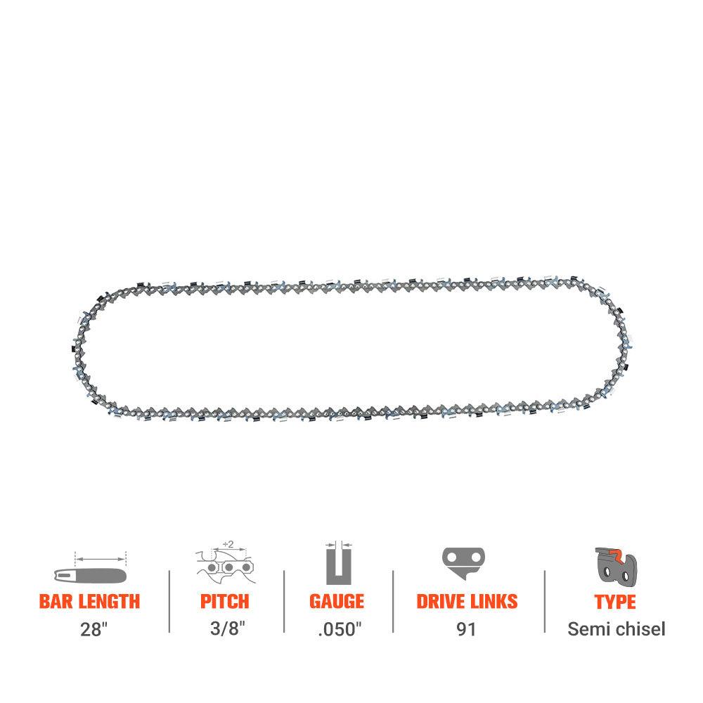 Hipa GA2568B 28 Inch 3/8" Pitch .050" 91 DL Ripping Chain Compatible with Stihl MS660 MS440 Chainsaw Similar to H82-91 - hipaparts