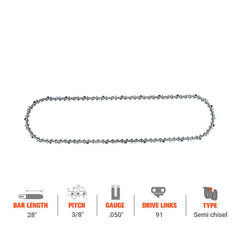 Hipa GA2568B 28 Inch 3/8" Pitch .050" 91 DL Ripping Chain Compatible with Stihl MS660 MS440 Chainsaw Similar to H82-91 - hipaparts