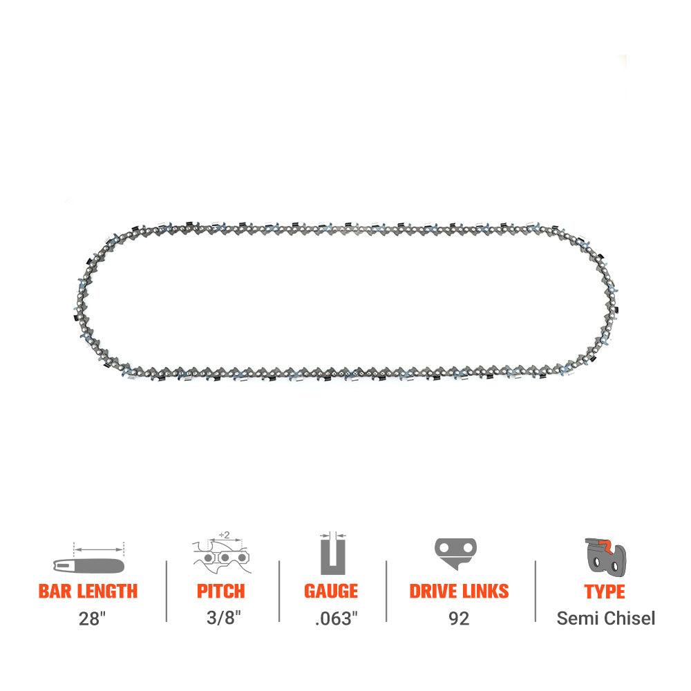 Hipa GA2578B 28" 3/8" Pitch .063" Gauge 92 DL Ripping Chain Compatible with Mcculloch Pro Mac 800 Chainsaw Similar to 72LPX092G - hipaparts