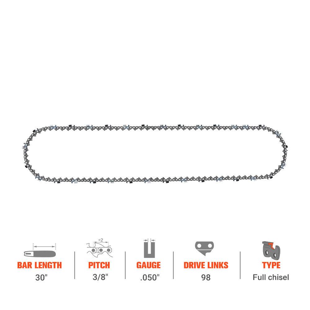 Hipa GA2781B 30 Inch 3/8" .050" 98 DL Full Skip Chain Compatible with Stihl MS046 MS441 Chainsaw Similar to 33 RSF 98 - hipaparts