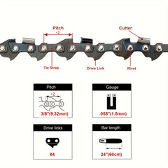 24 Full Skip Saw Chain - 3/8 Pitch, 058 Gauge, 84 Drive Links, Heavy-Duty, Reliable, and Efficient Cutting Performance for Woodcutting and Logging