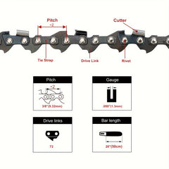 72" Oregon 20" Chainsaw Chain - High-Quality 3/8" 050 Gauge Full Skip Tooth Chain with 72 Drive Links for Efficient Cutting Performance - Compatible with Oregon 72EXJ072G