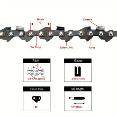 10 Inch 3/8 LP Pitch, 043 Gauge R40 Chainsaw Chain for RYOBI P540 P542 P543 P547 RY52504 RY15520 - High-Carbon Steel Construction, Gasoline-Powered, 40 Drive Links, Compatible with RYOBI Models - Hipa Brand