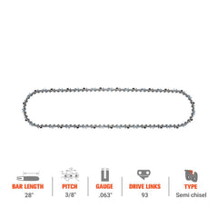 Hipa GA2788B 28" 3/8" Pitch .063" Gauge 93 DL Ripping Chain Compatible with Dolmar Husqvarna 572xp 395xp Chainsaw Similar to 36 RS3 93