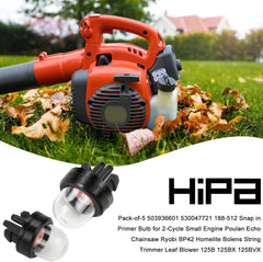 Hipa 188-512-1 Snap in Primer Bulb for 2-Cycle Small Engine Poulan Echo Chainsaw Ryobi BP42 Homelite Bolens String Trimmer Leaf Blower 125B 125BX 125BVX 530047721 503936601 5Pack - hipaparts